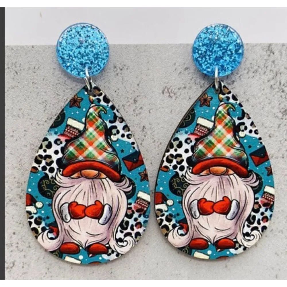 Wooden Water Drop Fall Earrings Holiday Gnome on Blue background New